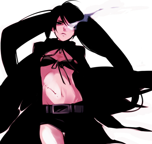 belt, bikini_top, black_hair, black_rock_shooter, black_rock_shooter_(character), blue_eyes, coat, flat_chest