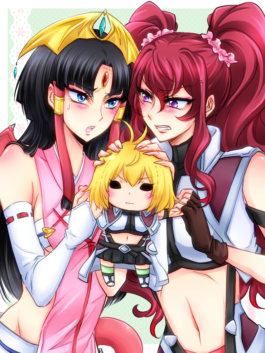 2girls, angelise_ikaruga_misurugi, bare_shoulders, black_hair, blonde_hair, blue_eyes, blush, character_doll