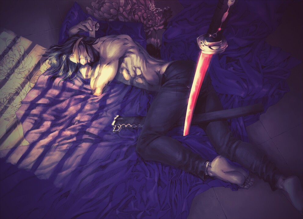 1boy, barefoot, beard, blindfold, facial_hair, futon_saru, hair_down, katana
