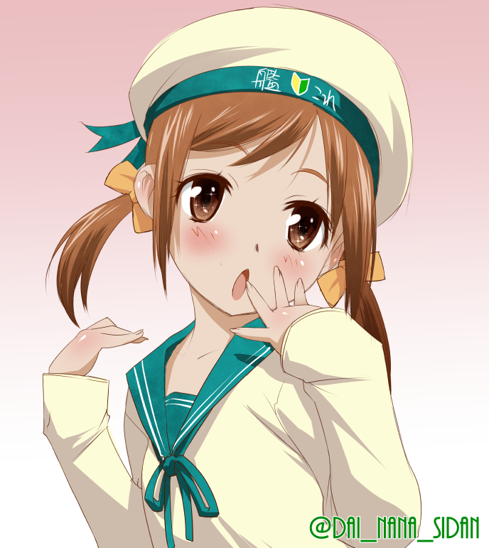 1girl, :o, blush, brown_eyes, brown_hair, clothes_writing, error_musume, gradient, gradient_background, hair_ribbon, hat, kantai_collection, long_sleeves, open_mouth, ribbon, salamander_(team_7th), school_uniform, serafuku, short_hair, shoshinsha_mark, solo, twintails, twitter_username