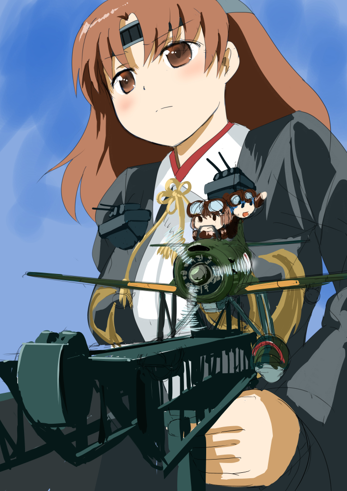 1girl, airplane, brown_eyes, brown_hair, chiyoda_(kantai_collection), fairy, fairy_(kantai_collection), headband