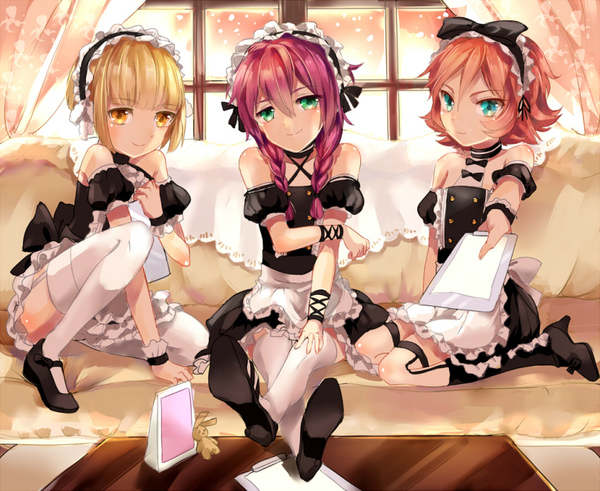 3boys, aqua_eyes, braid, choker, crossdressinging, curtains, green_eyes, high_heels