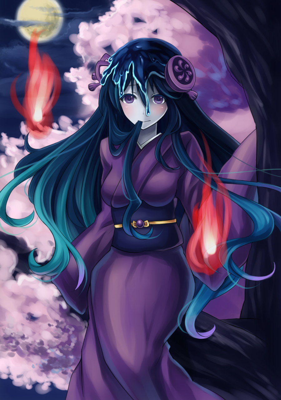 1girl, blue_hair, blush, chariot_f, fire, ghost, hair_ornament, hamahime_(p&amp;d)