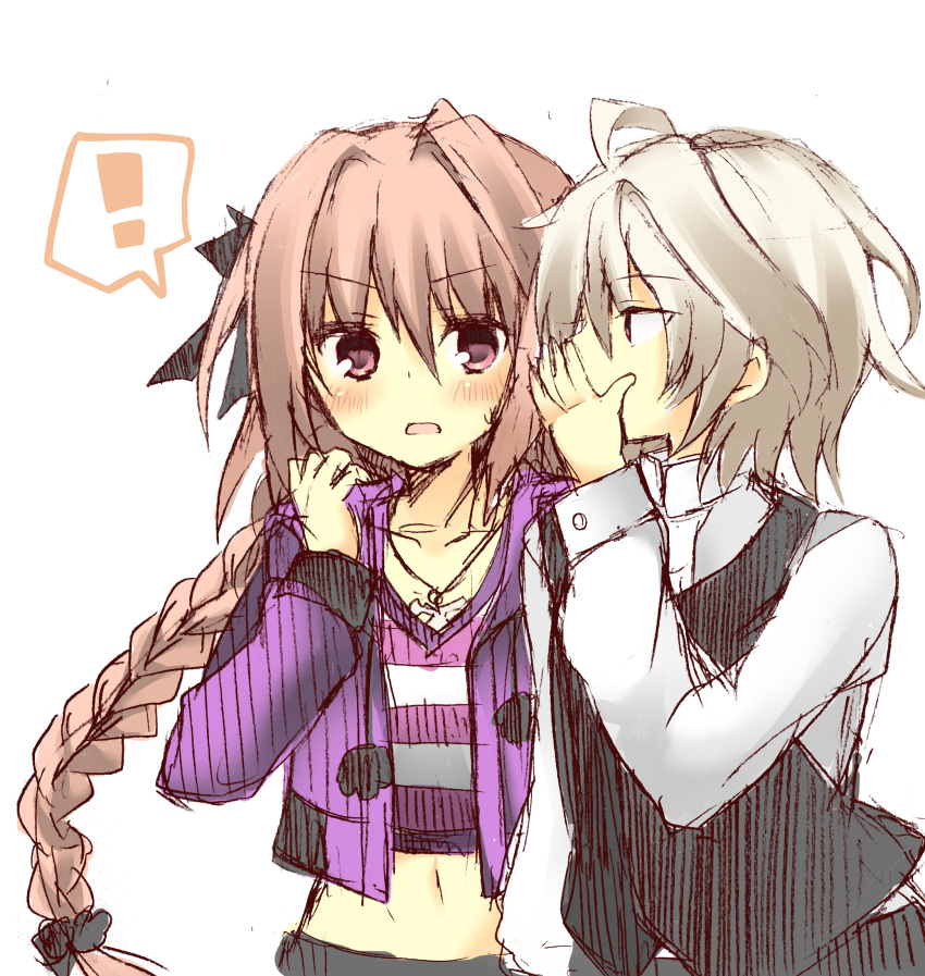 !, 2boys, blush, braid, fate/apocrypha, fate_(series), hair_ribbon, highres, hoodie, kiminitokimeki, midriff, multiple_boys, pink_hair, red_eyes, ribbon, rider_of_black, sieg_(fate/apocrypha), silver_hair, simple_background, single_braid, trap, violet_eyes, waistcoat, whispering, white_background