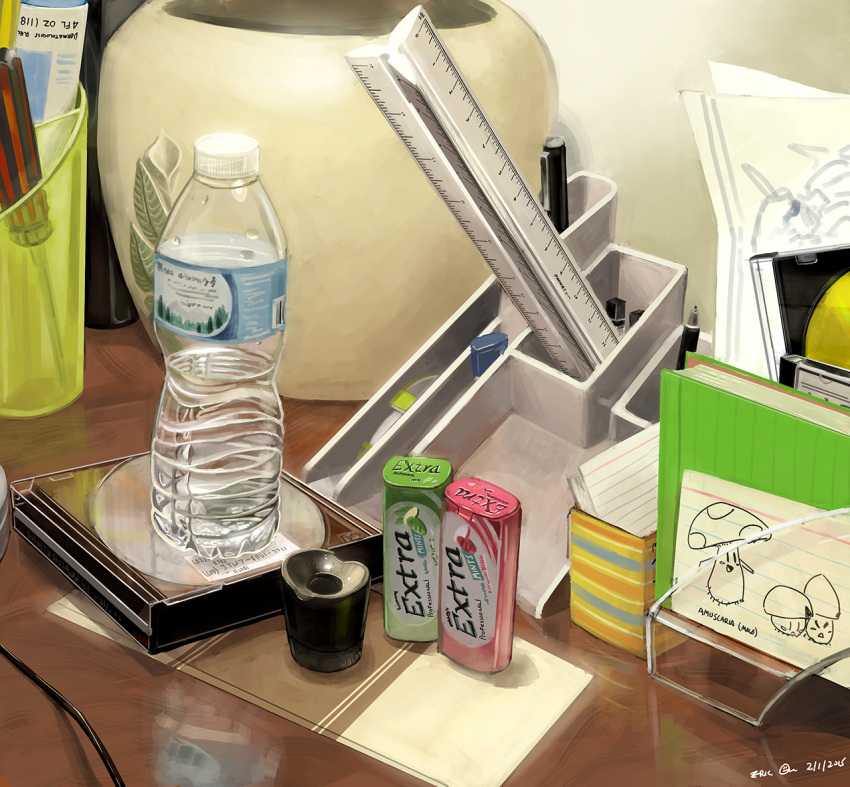 bottle, candy, cd, cd_case, eriance, mint, no_humans, notebook