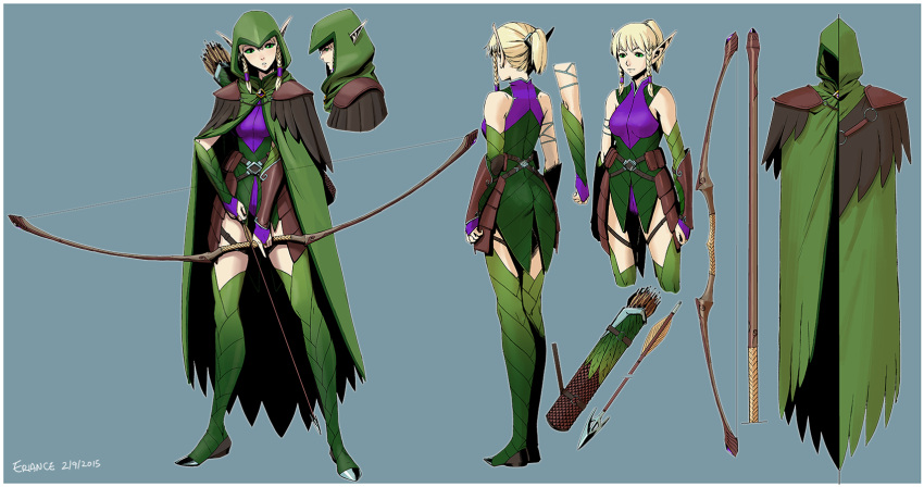 1girl, blonde_hair, blue_eyes, bow_(weapon), braid, character_sheet, elf, eriance, gloves, highres, hood, pointy_ears, solo, thigh-highs, twin_braids, weapon