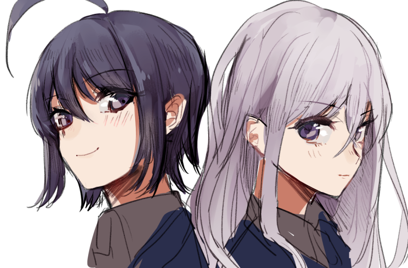 2boys, ahoge, alternate_hair_length, alternate_hairstyle, blush, bust, face, honebami_toushirou