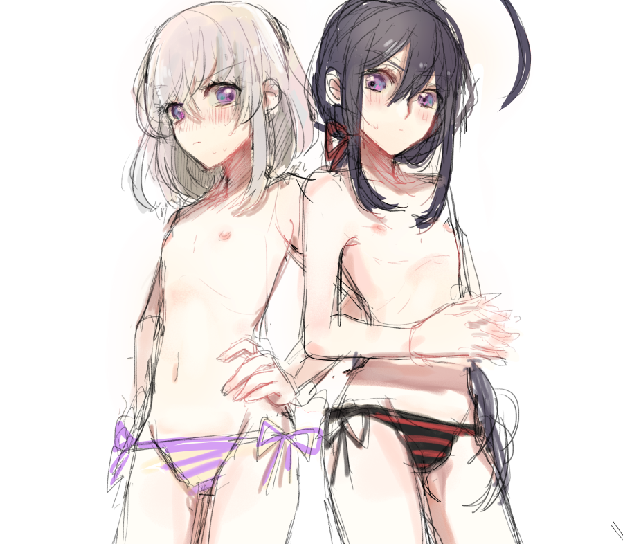 2boys, ahoge, black_hair, blush, cowboy_shot, hands_on_hips, hands_together, honebami_toushirou