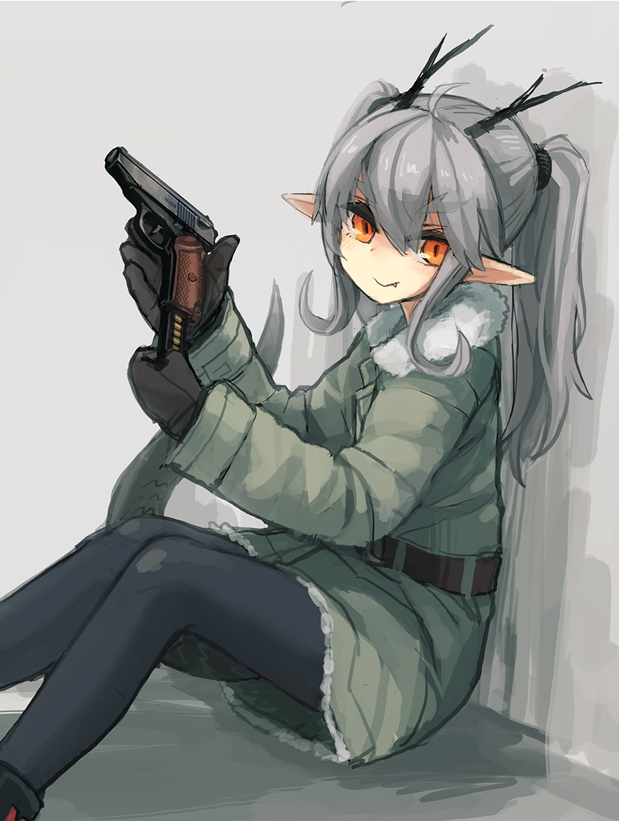 1girl, antlers, black_legwear, dragon_girl, dragon_tail, eyebrows, fang, grey_hair, gun, handgun, kuryuu_kohaku, long_hair, magazine_(weapon), makarov_pm, noconol, orange_eyes, original, pistol, pointy_ears, reloading, solo, tail, thick_eyebrows, twintails, weapon