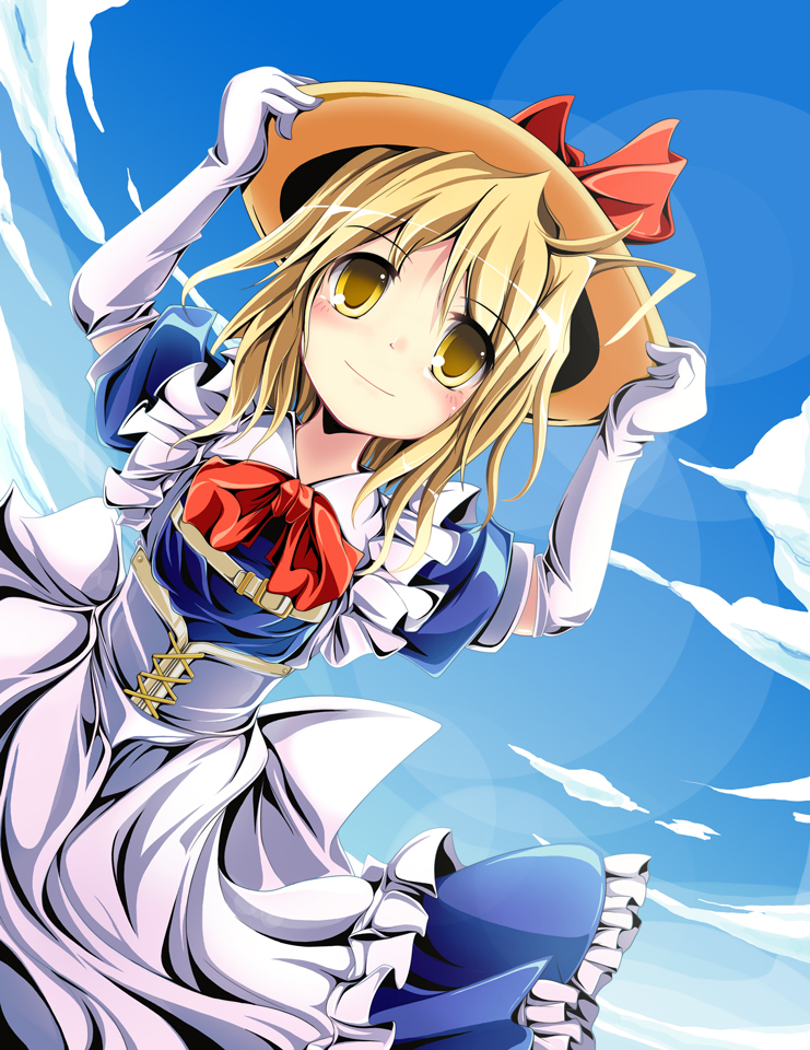 belt, blonde_hair, blush, cloud, corset, dress, elbow_gloves, gloves