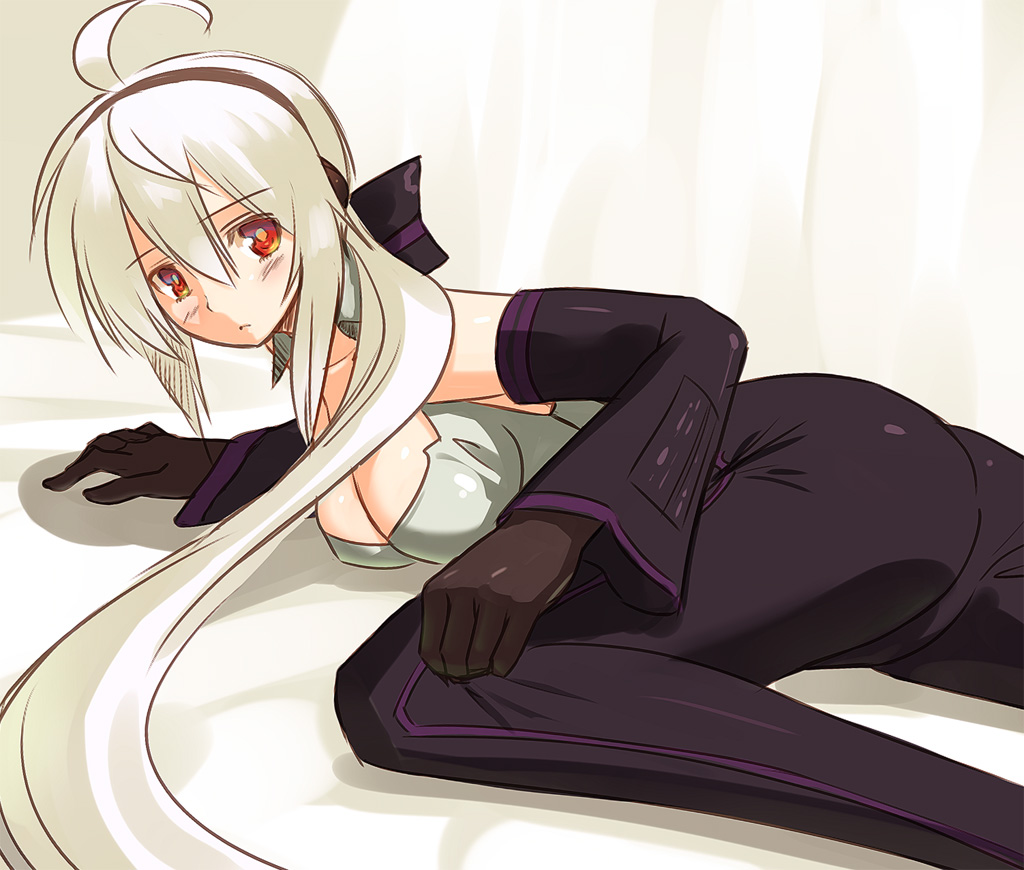 cleavage, detached_sleeves, long_hair, lying, okaka, red_eyes, ribbon, silver_hair
