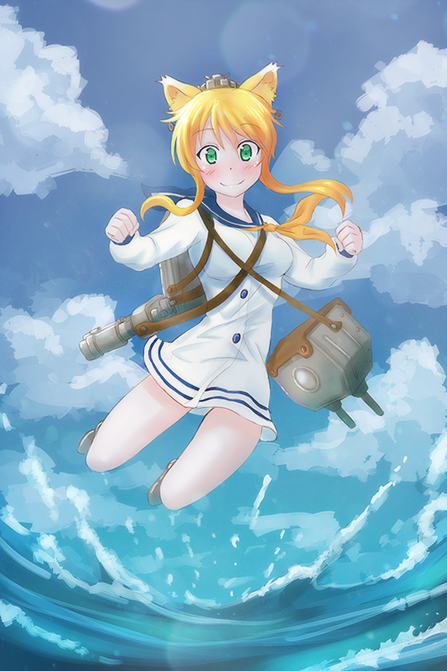 1girl, alternate_costume, animal_ears, blonde_hair, blue_eyes, blush, breasts, dog_days