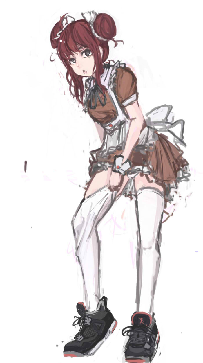 1girl, adjusting_clothes, adjusting_legwear, air_jordan, air_jordan_4, bangs, blunt_bangs, brown_hair, double_bun, hair_ribbon, highres, maid, maid_headdress, nike, original, pan!ies, ribbon, shoes, short_hair, sneakers, solo, thighhighs_pull, white_legwear, wrist_cuffs