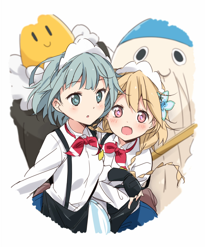 2girls, absurdres, apron, blonde_hair, blue_eyes, blue_hair, bow, braid