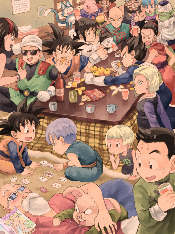 android_18, angry, bald, black_hair, blonde_hair, blue_eyes, blue_hair, bottle
