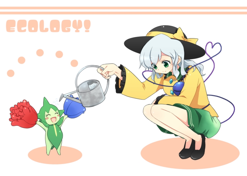 1girl, crossover, green_eyes, hat, kneeling, komeiji_koishi, pokemon, pokemon_(creature)