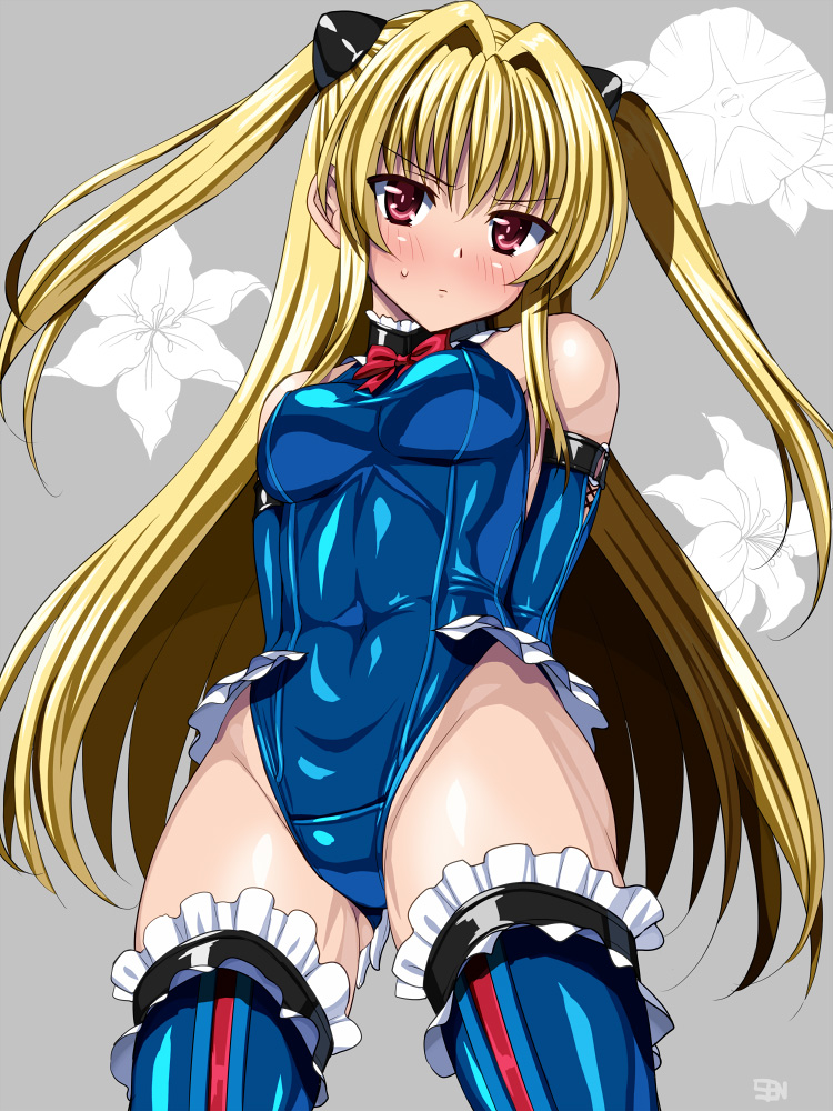1girl, anzu_(onelelee), arms_behind_back, bare_shoulders, blonde_hair, blush, covered_navel, dead_or_alive, detached_sleeves, flower, frills, from_above, hair_ornament, konjiki_no_yami, leotard, lily_(flower), long_hair, marie_rose, marie_rose_(cosplay), red_eyes, ribbon, solo, thigh-highs, to_love-ru, twintails, very_long_hair