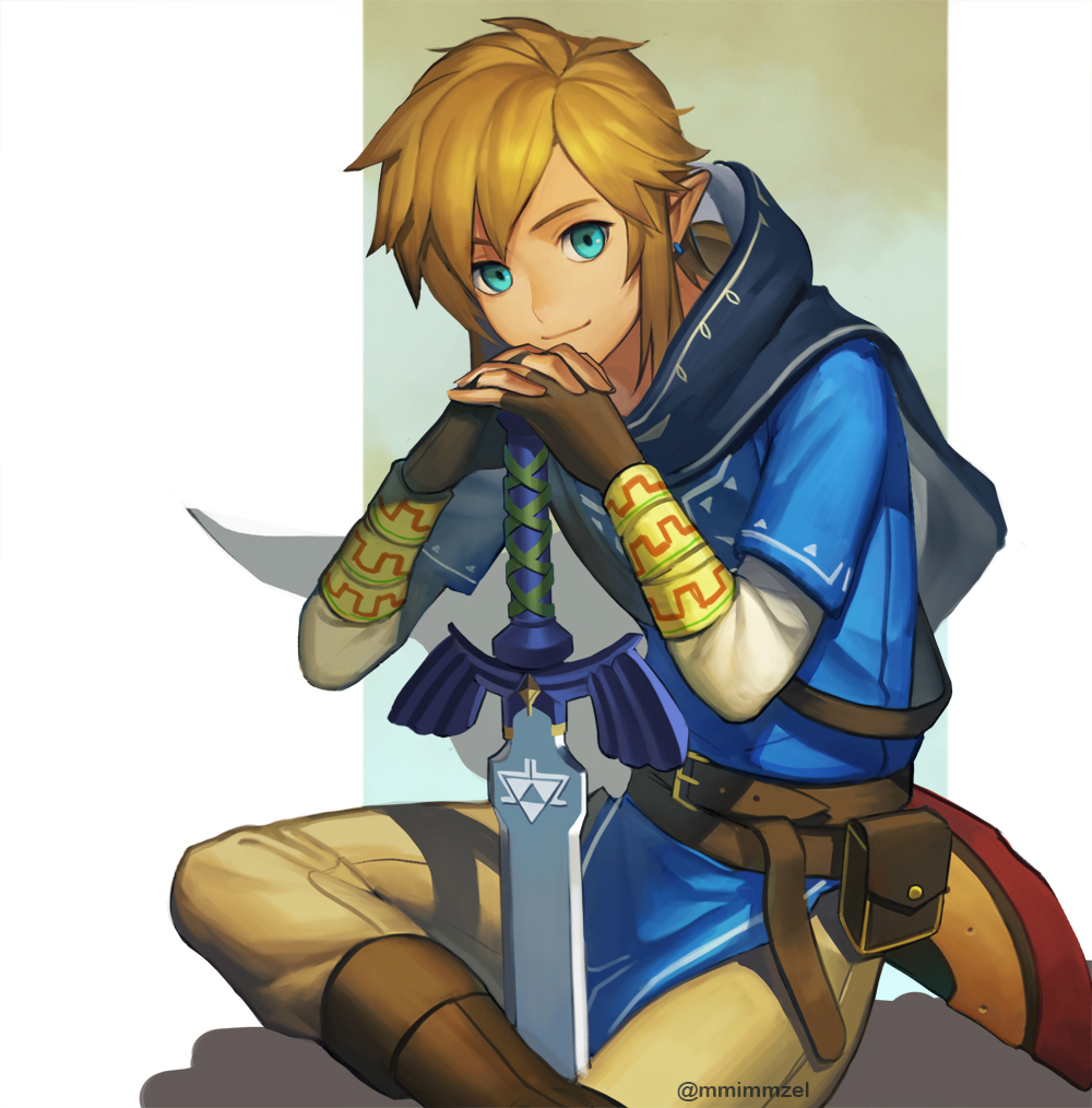 1boy, belt, blonde_hair, blue_eyes, cape, earrings, gloves, hood, jewelry, link, long_hair, mimme_(haenakk7), pointy_ears, smile, solo, sword, the_legend_of_zelda, twitter_username, weapon, zelda_wii_u