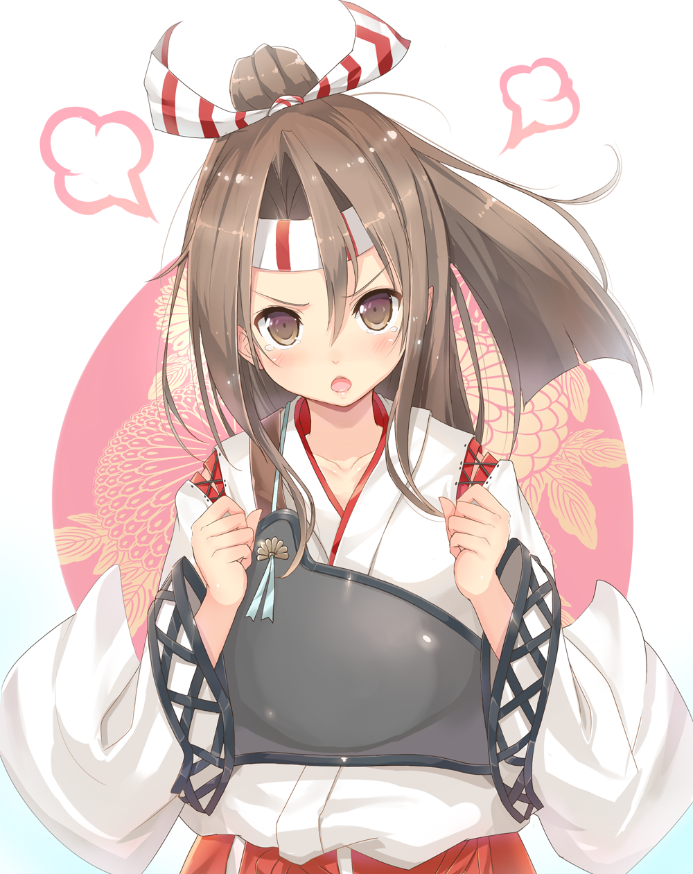 1girl, angry, brown_eyes, brown_hair, headband, highres, japanese_clothes, kagerou_(shadowmage)