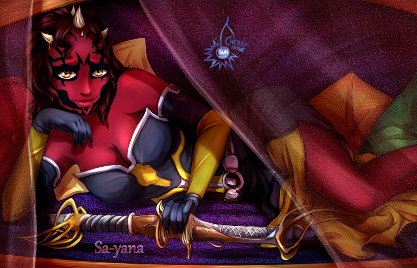 bare_shoulders, breasts, brown_hair, cherryinthesun, cleavage, detached_sleeves, dress, horns
