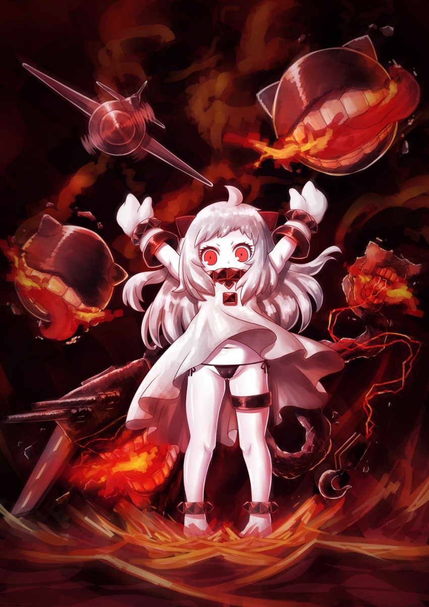 1girl, ahoge, highres, horns, kantai_collection, long_hair, looking_at_viewer, mittens