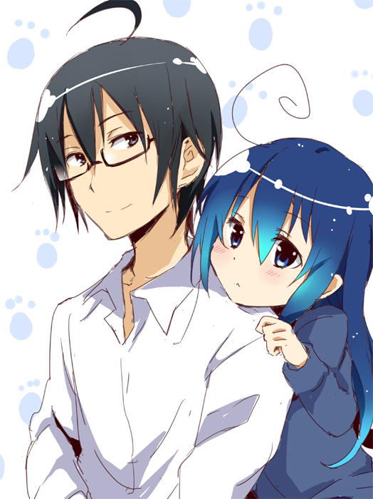 1boy, 1girl, acchi_kocchi, black_eyes, black_hair, blue_eyes, blue_hair, couple