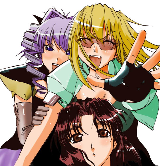blonde_hair, blue_eyes, brown_eyes, brown_hair, elbow_gloves, elgala, excel, excel_saga