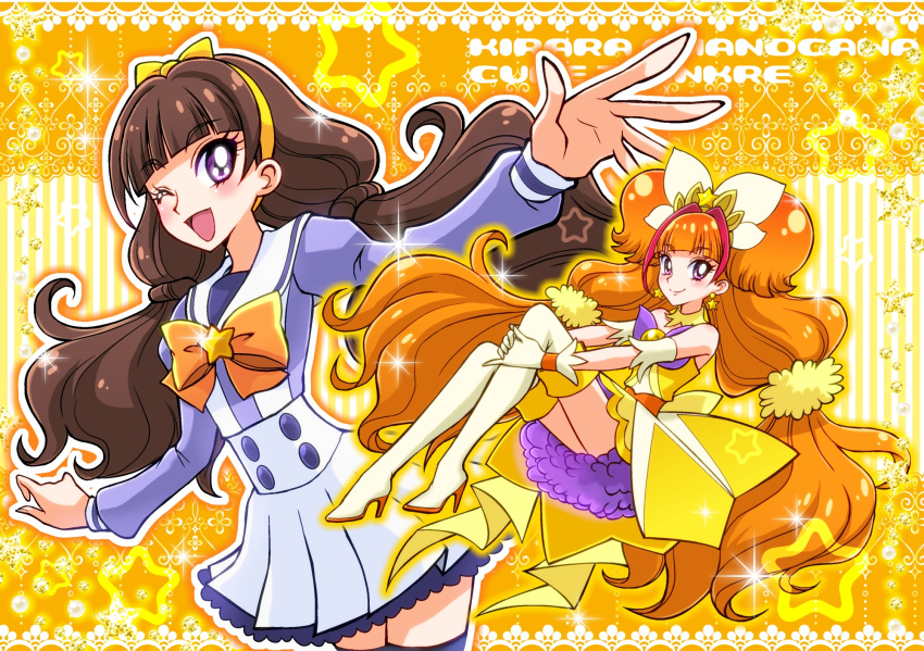2girls, ;d, amanogawa_kirara, boots, bow, brown_hair, character_name, cure_twinkle