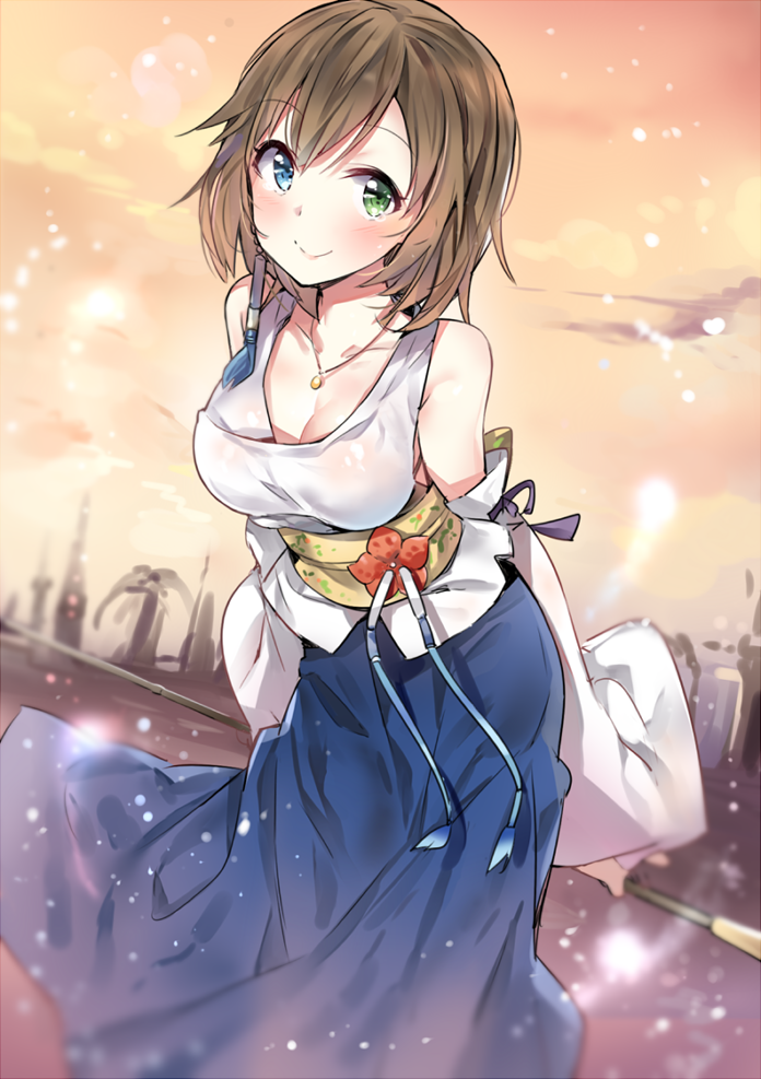 1girl, blue_eyes, breasts, brown_hair, cleavage, cozyquilt, detached_sleeves, final_fantasy