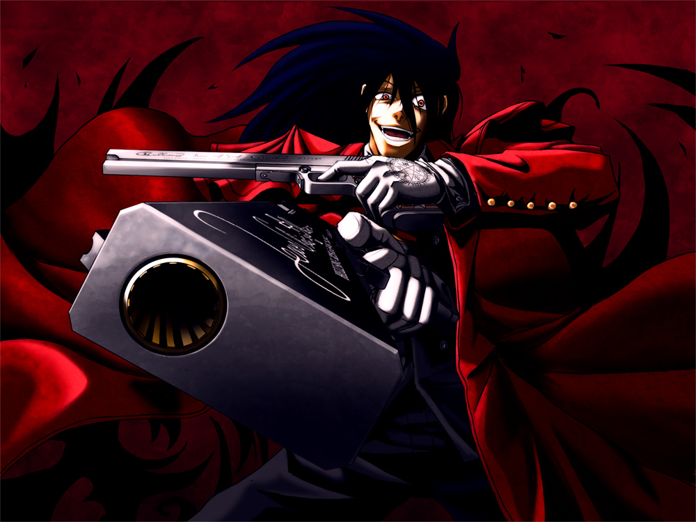 black_hair, dual_wield, dual_wielding, fangs, gloves, gun, hellsing, long_hair
