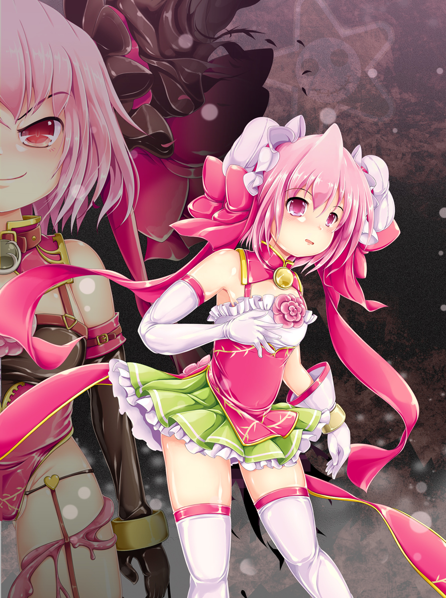 1girl, alternate_costume, back, bandages, bare_shoulders, bow, brown_gloves, dark_persona