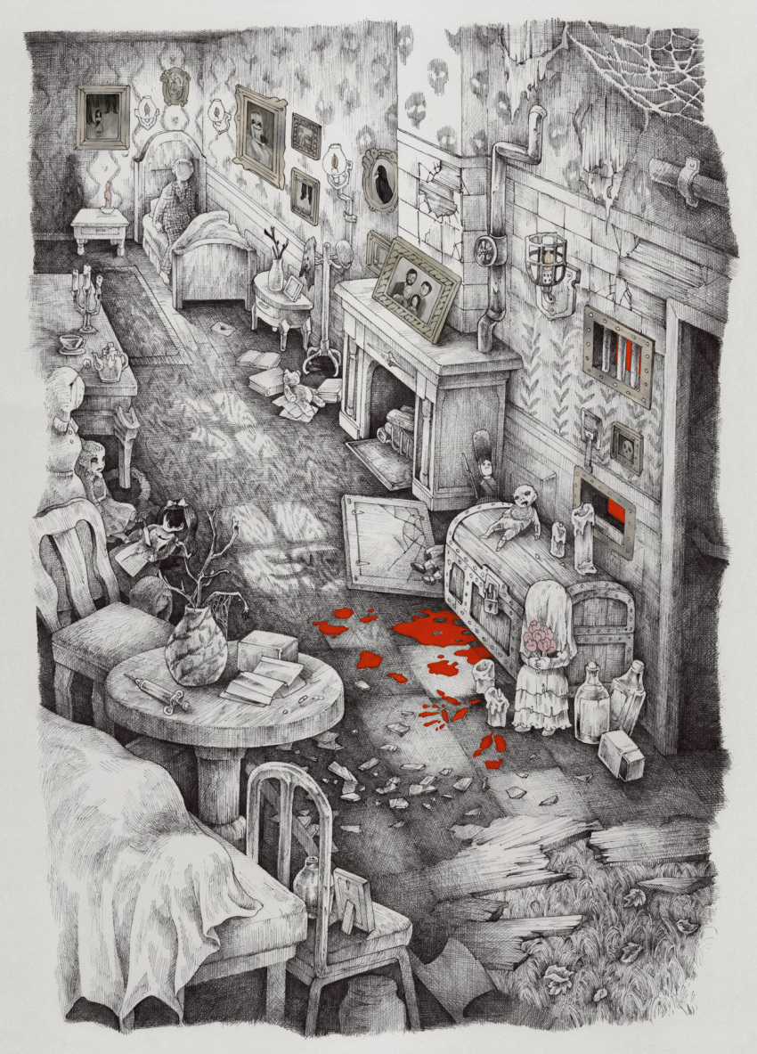 1boy, atrium_(artist), bars, bed, blood, blood_splatter, book, bottle