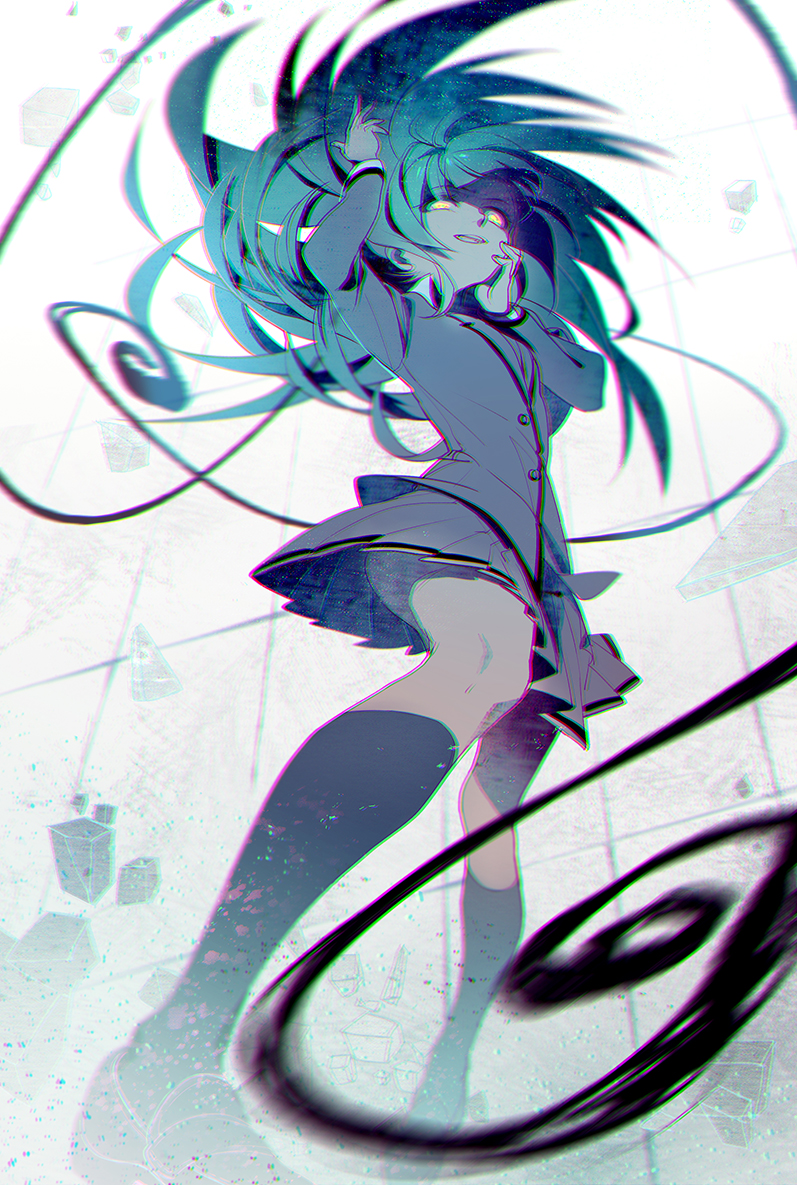 1girl, ansatsu_kyoushitsu, black_legwear, chromatic_aberration, glowing, glowing_eyes, green_hair, kayano_kaede, necktie, school_uniform, skirt, solo, spoilers, tentacles, yellow_eyes