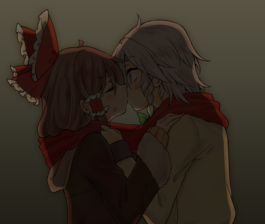 2girls, blue_eyes, braid, brown_hair, closed_eyes, contemporary, hair_tubes, hakurei_reimu, izayoi_sakuya, kaya_rio, kiss, multiple_girls, scarf, school_uniform, shared_scarf, silver_hair, touhou, yuri