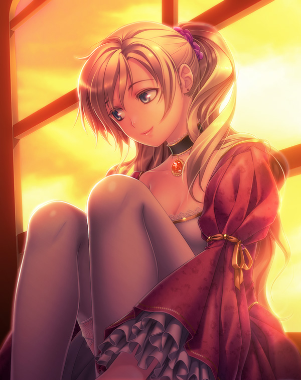 blonde_hair, choker, dress, frills, isobe, long_hair, smile, sound_horizon