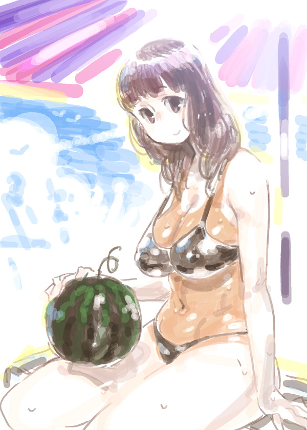 beach, bikini, breasts, brown_hair, cleavage, food, fruit, kaqo