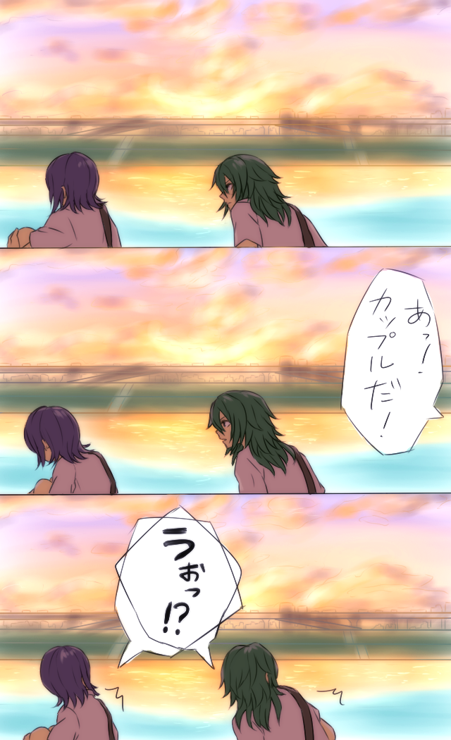 comic, green_hair, kantai_collection, kiso_(kantai_collection), multiple_girls, purple_hair, ruuto_(ruto3), school_uniform