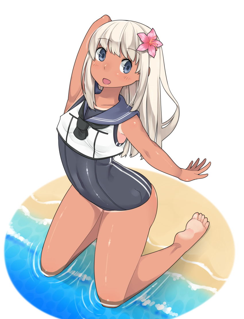 1girl, blonde_hair, blue_eyes, crop_top, flower, hair_flower, hair_ornament, highres