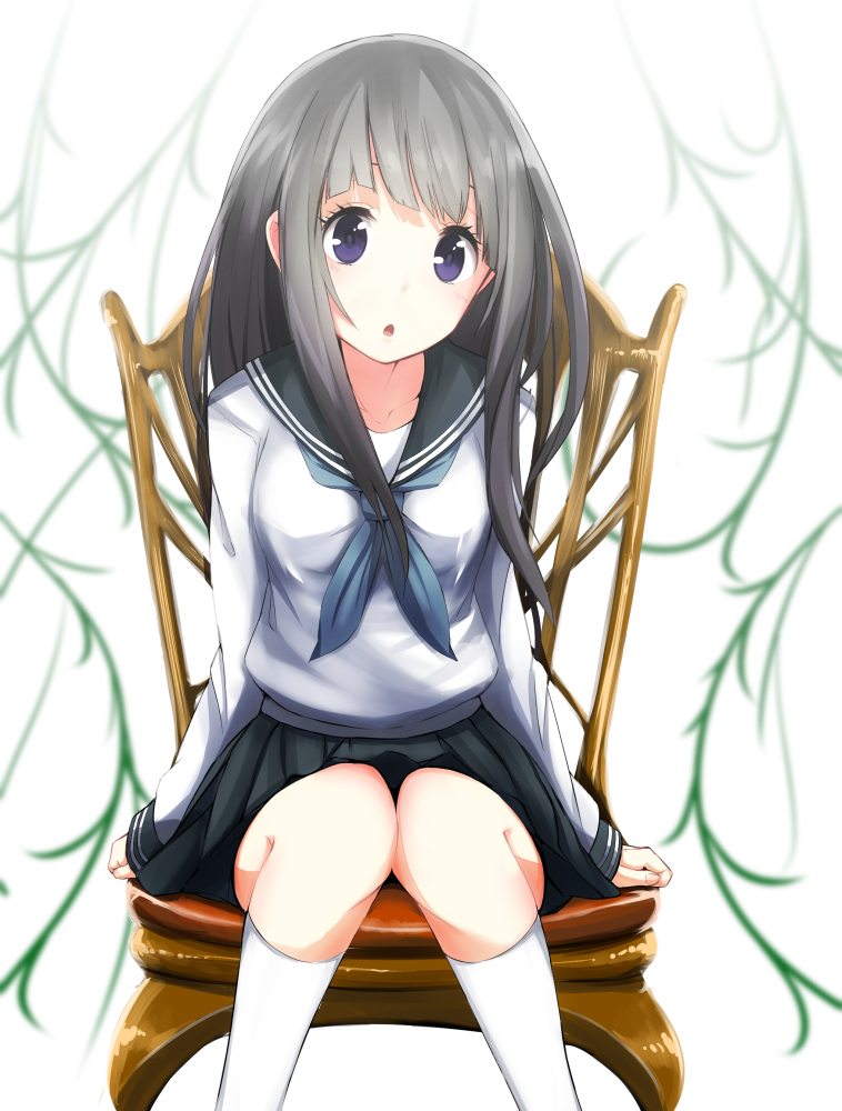 1girl, black_hair, chawa_(yossui009), chitanda_eru, hyouka, long_hair, school_uniform, serafuku