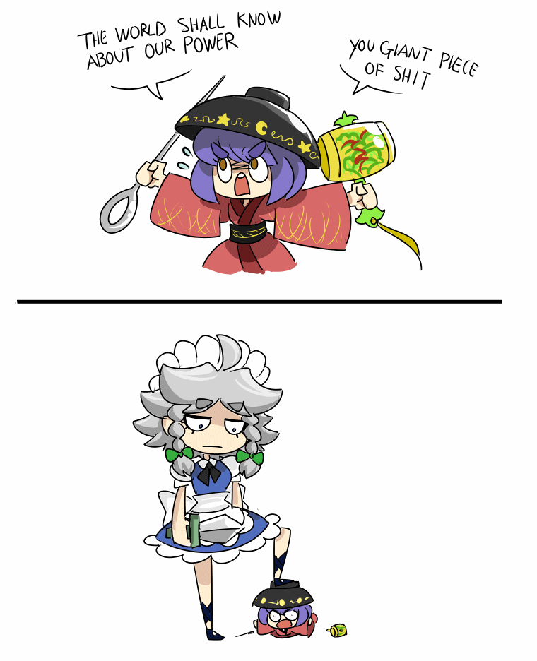 2girls, 2koma, angry, animated, animated_gif, apron, bow, bowl