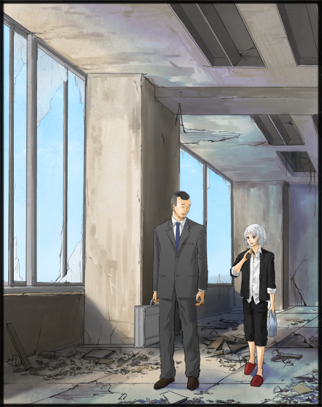 2boys, age_difference, androgynous, beard, black_eyes, black_hair, building, closed_eyes, facial_hair, hair_ornament, hairclip, loose_shirt, multiple_boys, necktie, red_eyes, shinohara_yukinori, short_hair, stitches, suzuya_juuzou, tokyo_ghoul, white_hair
