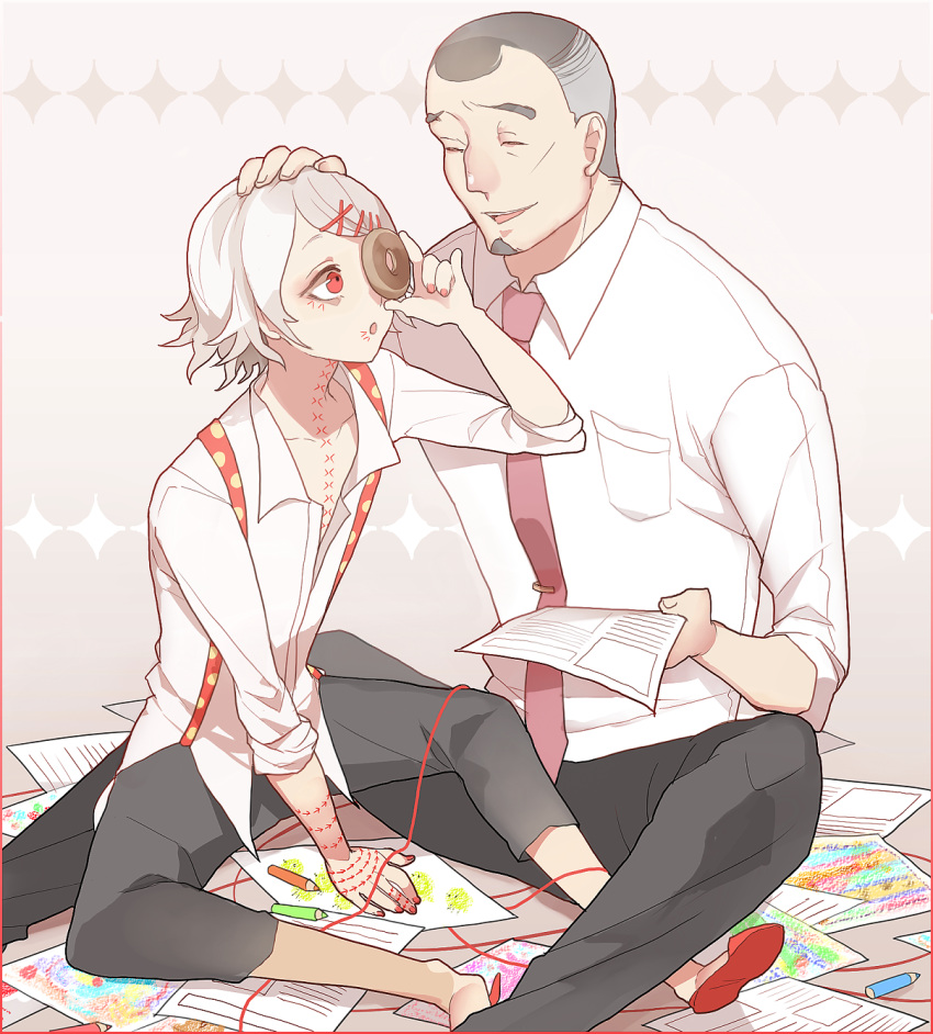 2boys, age_difference, androgynous, ayatoki-1, beard, black_eyes, black_hair, closed_eyes