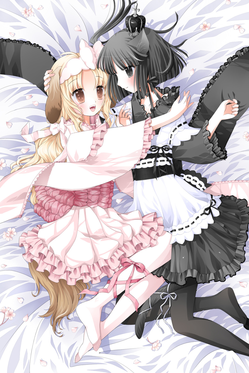 animal_ears, bed_sheet, black_eyes, black_hair, black_legwear, blonde_hair, blush, bow