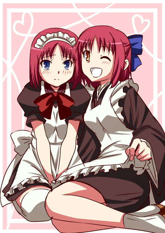2girls, ;), apron, blue_eyes, blush, bow, hair_bow, hisui