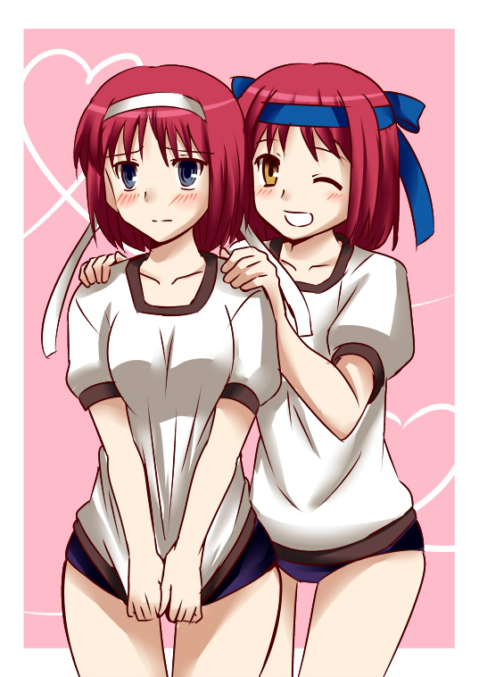 2girls, ;), blue_eyes, blush, breasts, buruma, embarrassed, gym_uniform