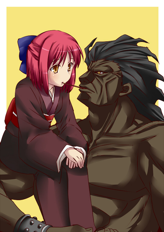 1boy, 1girl, berserker, black_skin, blush, carnival_phantasm, crossover, fate/stay_night
