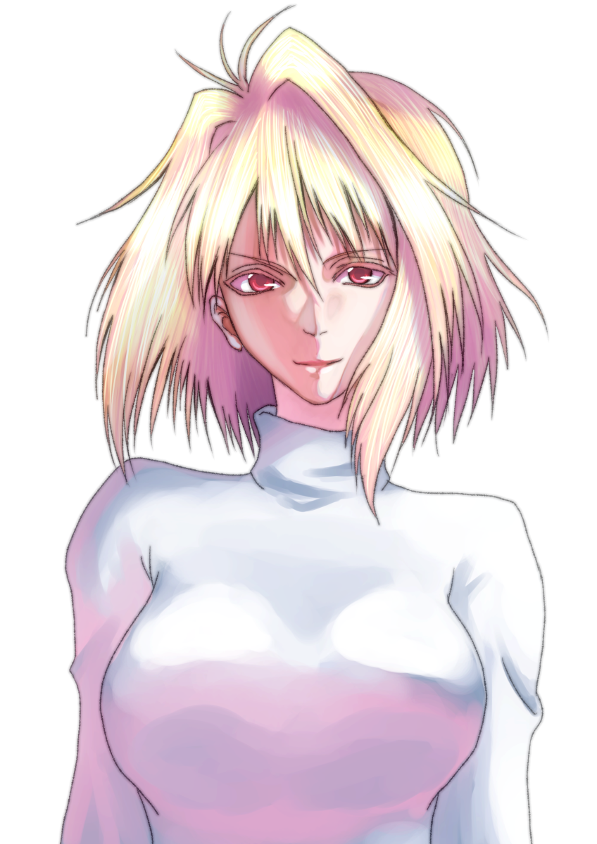 1girl, arcueid_brunestud, blonde_hair, breasts, bust, hair_intakes, highres, kugimine, large_breasts, red_eyes, short_hair, smile, solo, sweater, tsukihime, turtleneck