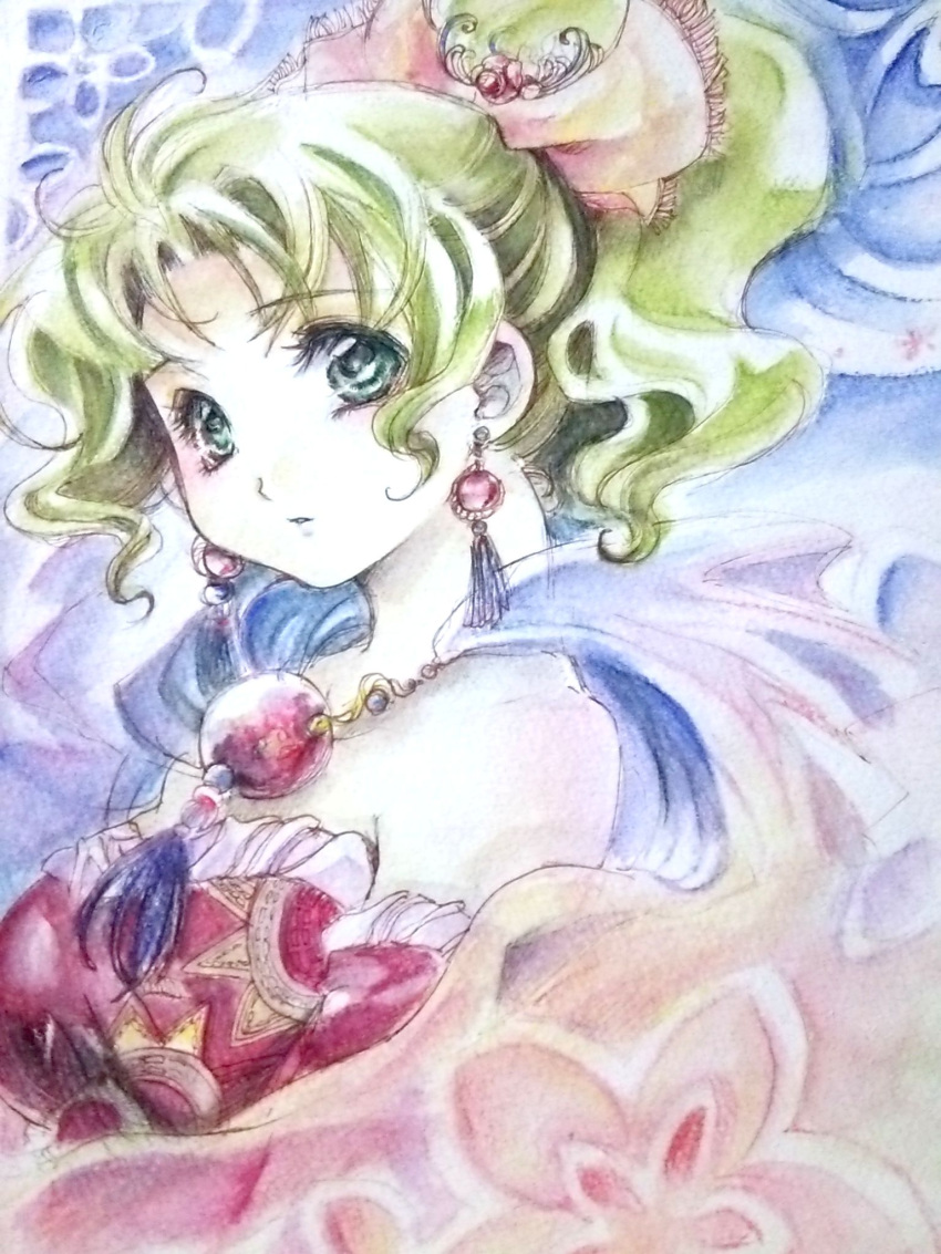 1girl, abstract_background, bare_shoulders, cape, detached_sleeves, earrings, final_fantasy, final_fantasy_vi