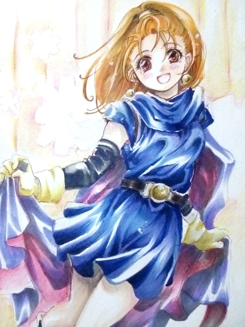 1girl, barbara, blush, brown_hair, cape, cape_lift, dragon_quest, dragon_quest_vi
