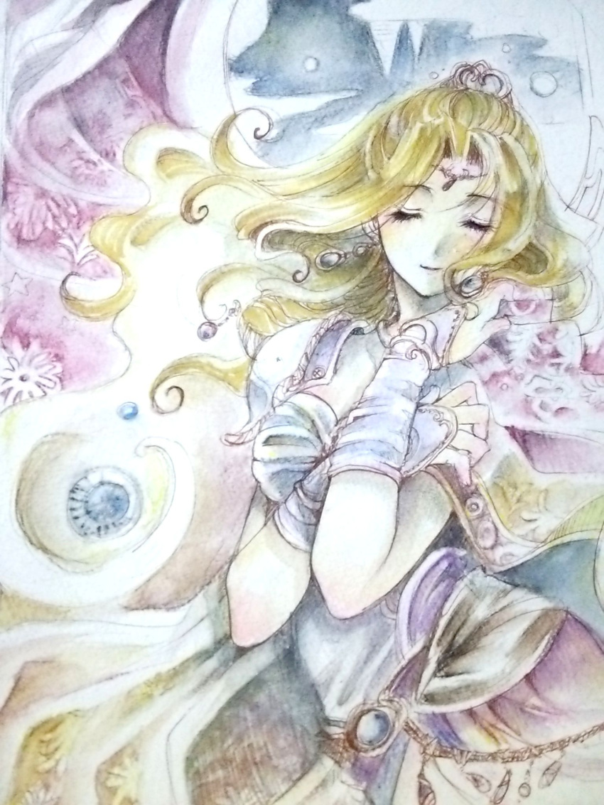 1girl, abstract_background, blonde_hair, bridal_gauntlets, cape, closed_eyes, cowboy_shot, earrings